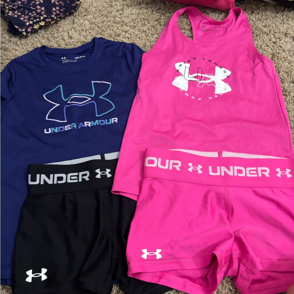 Under Armour Blue and Pink outfits. Girls youth small shirts medium shorts
